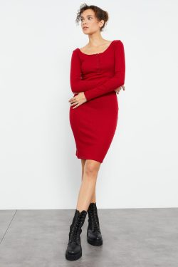 Bordo Kaşkorse Triko Dar Kalıp Patlı Yaka Kadın Elbise – 97116