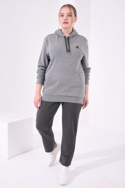 Antrasit Klasik Paça Taş Detaylı Kadın Büyük Beden Eşofman Alt – 94040