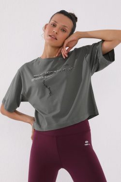 Çağla Yazı Baskılı Kısa O Yaka Kadın Oversize T-Shirt – 97135