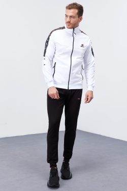 Beyaz – Siyah Dik Yaka Şerit Baskılı Standart Kalıp Manşetli Erkek Eşofman Takımı –  ...
