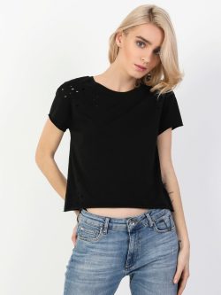 Regular Fit Bisiklet Yaka Örme Kadın Siyah Kısa Kol Tişört