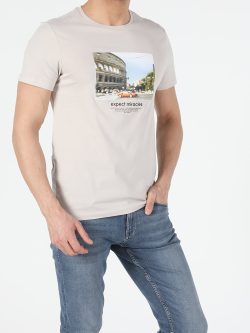 Regular Fit Bisiklet Yaka Örme Erkek Bej Kısa Kol Tişört