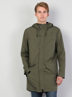 Regular Fit Düğme Detaylı Kapüşonlu Haki Erkek Mont