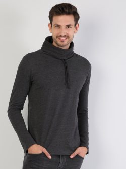 Regular Fit Yarim Balikci Erkek Antra Melanj Uzun Kol Tişört