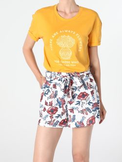 Comfort Fit Bisiklet Yaka Örme Kadın Sarı Kısa Kol Tişört