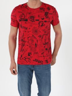 Regular Fit Bisiklet Yaka Örme Erkek Kırmızı Kısa Kol Tişört