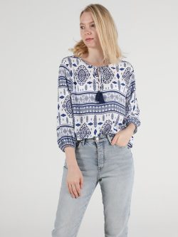 Desenli Bisiklet Yaka Regular Fit Kadın Koyu Mavi Uzun Kol Gömlek