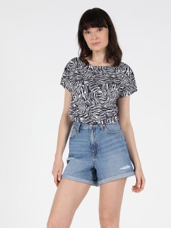 Regular Fit Bisiklet Yaka Örme Kadın Lacivert Kısa Kol Tişört