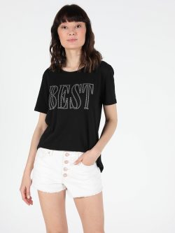 Regular Fit Bisiklet Yaka Örme Kadın Siyah Kısa Kol Tişört