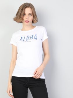 Slim Fit Bisiklet Yaka Kadın Beyaz Kısa Kol Tişört