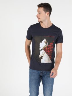 Regular Fit Bisiklet Yaka Örme Erkek Lacivert Kısa Kol Tişört