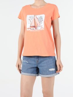 Regular Fit Bisiklet Yaka Örme Kadın Somon Kısa Kol Tişört