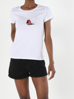 Regular Fit Bisiklet Yaka Örme Kadın Beyaz Kısa Kol Tişört