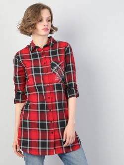 Kareli Cepli Yazı Detaylı Regular Fit Kadın Kırmızı Uzun Kol Gömlek