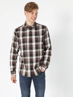 Regular Fit Erkek Beyaz Ekose Desenli Uzun Kollu Gömlek