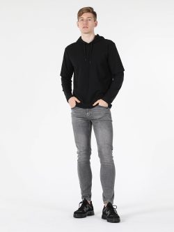 Regular Fit Hooded Düz Siyah Erkek Uzun Kol Tişört