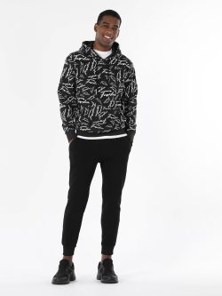 Regular Fit Kapüşonlu Baskılı Siyah Erkek Sweatshirt
