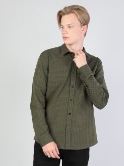 Slim Fit Shirt Neck Erkek Haki Uzun Kol Gömlek