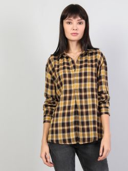 Kareli V Yaka Regular Fit Kadın Sarı Uzun Kol Gömlek