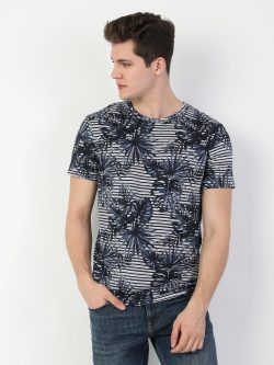 Regular Fit Bisiklet Yaka Örme Erkek Mavi Kısa Kol Tişört