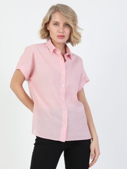 Regular Fit Shirt Neck Kadın Pembe Kısa Kol Gömlek