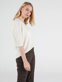 Regular Fit V Yaka Kadın Ekru Tshirt U.Kol