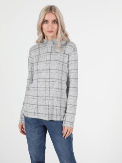 Regular Fit Balikci Kadın Gri Melanj Uzun Kol Tişört