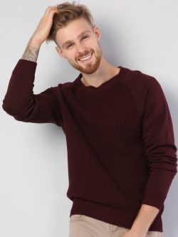 Regular Fit Derin Yuvarlak Yaka Erkek Bordo Kazak