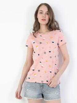 Regular Fit Bisiklet Yaka Örme Kadın Pembe Kısa Kol Tişört