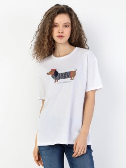 Comfort Fit Bisiklet Yaka Örme Kadın Beyaz Kısa Kol Tişört