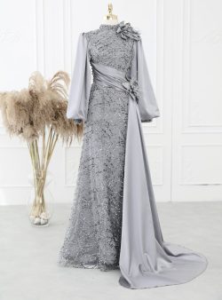 Tesettür Abiye Elbise Gizem Kış Gri