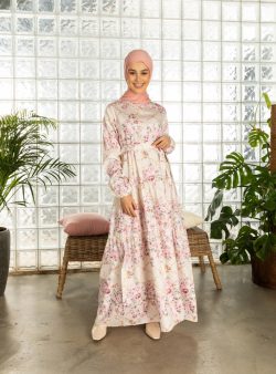 Tesettür Elbise Ceylan Otantik Ekru / Pembe / Beyaz