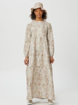 Tesettür Elbise Ceylan Otantik Kahverengi / Bebe Mavisi / Beyaz