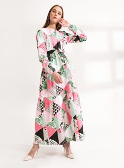 Tesettür Elbise Ceylan Otantik Pembe / Yeşil