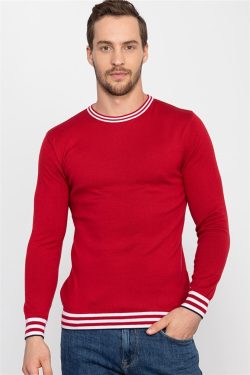 Slim Fit Dar Kesim Çizgi Detaylı İnce Pamuk Erkek Kazak