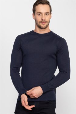 Slim Fit Dar Kesim Bisiklet Yaka Düz Yün Erkek Kazak