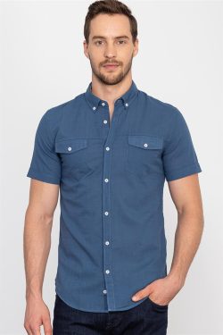 Slim Fit Dar Kesim Kısa Kol Düz Flam Keten Çift Cep Erkek Gömlek