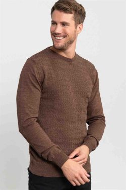 Slim Fit Dar Kesim Bisiklet Yaka Kendinden Desenli Erkek Kazak