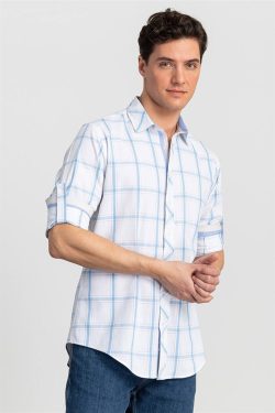 Slim Fit Dar Kesim Kareli Flam Keten Erkek Gömlek