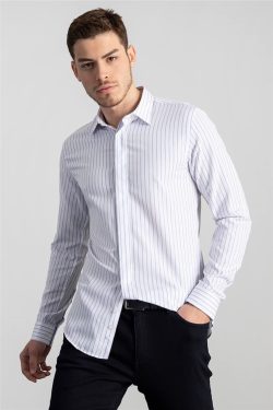 Slim Fit Dar Kesim Çizgili Oxford Spor Gömlek