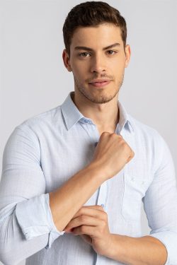 Slim Fit Dar Kesim Düz Flam Keten Erkek Gömlek