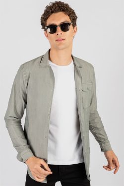 Slim Fit Tek Cep Çıtçıtlı Düz Denim Yıkamalı Erkek Gömlek