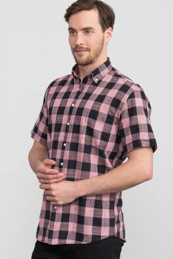 Klasik Fit Rahat Kesim Kısa Kol Flamlı Keten Kareli Erkek Gömlek