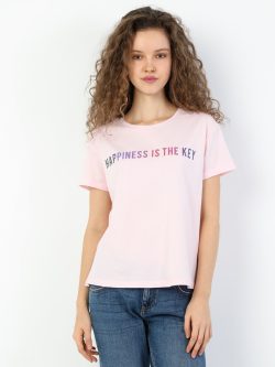 Regular Fit Bisiklet Yaka Yazı Baskılı Pembe Kadın Kısa Kol Tişört