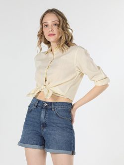 Regular Fit Shirt Neck Sarı Kadın Uzun Kol Gömlek