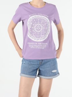 Comfort Fit Bisiklet Yaka Örme Kadın Lila Kısa Kol Tişört