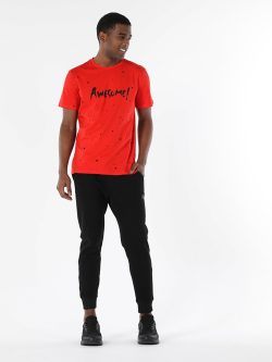 Regular Fit Bisiklet Yaka Yazı Baskılı Kırmızı Erkek Kısa Kol Tişört