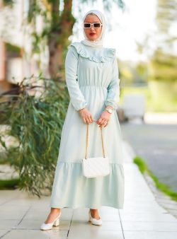 Tesettür Elbise Por La Cara Mint Yeşili