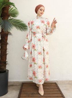 Tesettür Elbise İnşirah Ekru / Kırmızı / Beyaz