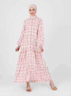 Tesettür Elbise Benin Derin Pembe / Beyaz